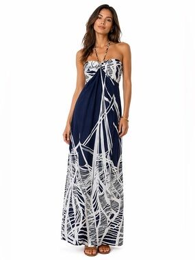 Ann Taylor Loft Maxi Summer Dress Strapless W/Neck Drawstring, Navy/White, 10